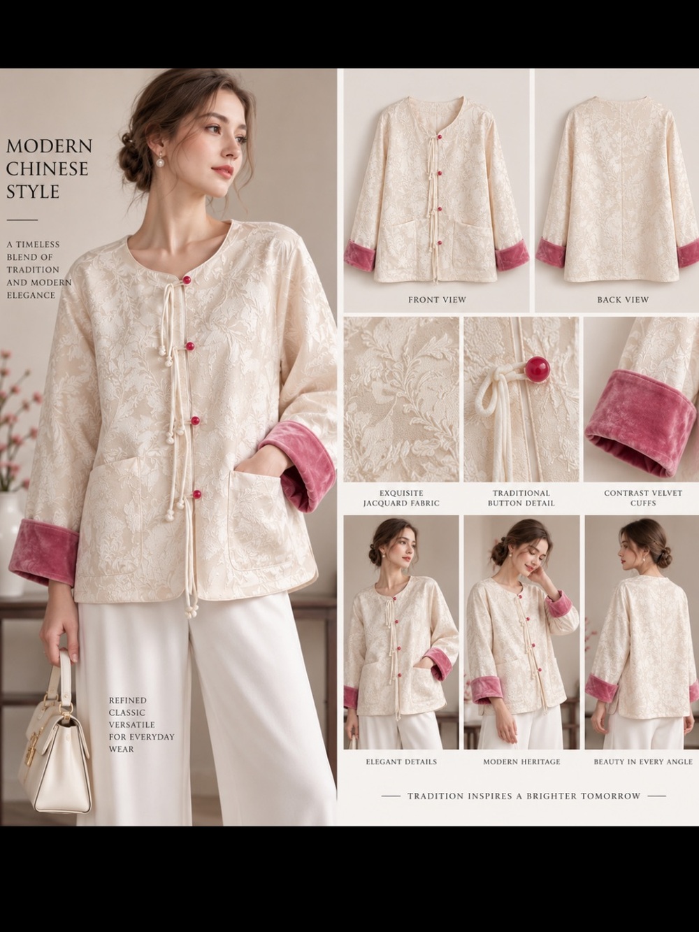 Modern Chinese-Style Jacquard Robe Jacket with Pink Velvet Cuffs
